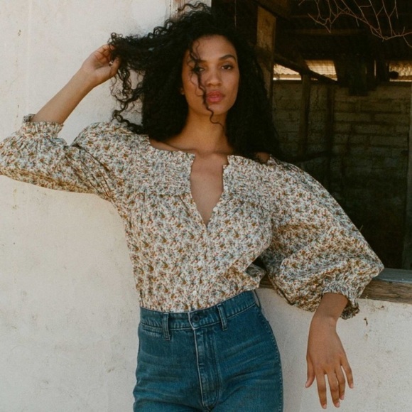 Doen Claudette Cotton Voile Ruffle Long Sleeve Blouse Top Crème Fleurs D’avignon - Picture 3 of 13